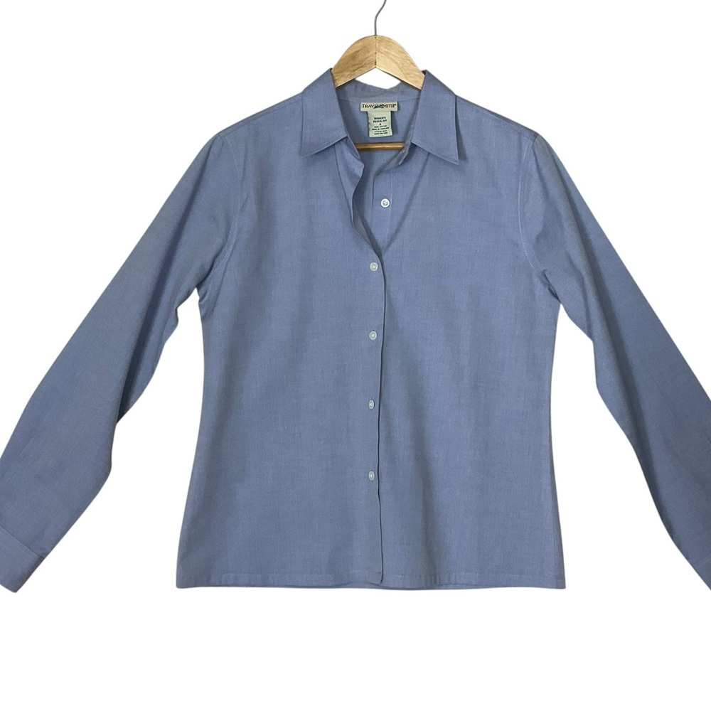 TRAVELSMITH sz 8 Blouse Long Sleeve 100% Cotton Blue Hint of Purple